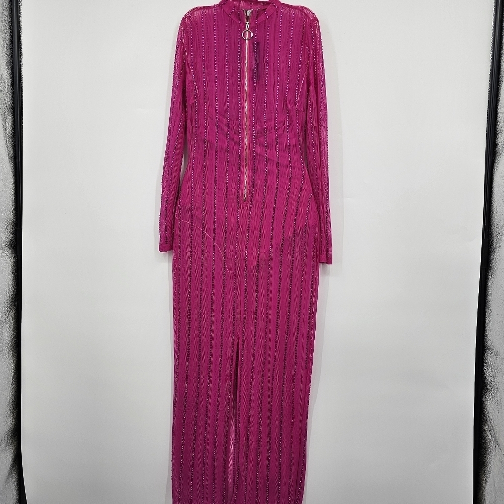Fashion Nova Hot Pink Rhinestone Bodycon‎ Midi Dress Size S NWT - Picture 3 of 7